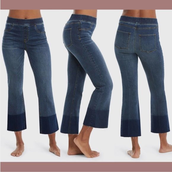 NWT $128 Spanx Cropped Flare Jeans Medium Wash Fray Hem [ SZ Small ] #6115‎ - Picture 1 of 16